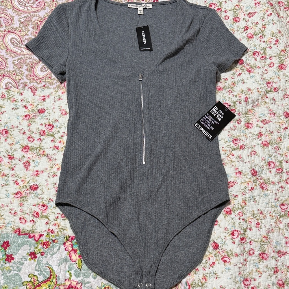 Express Charcoal Gray Ribbed Zip-Front Bodysuit